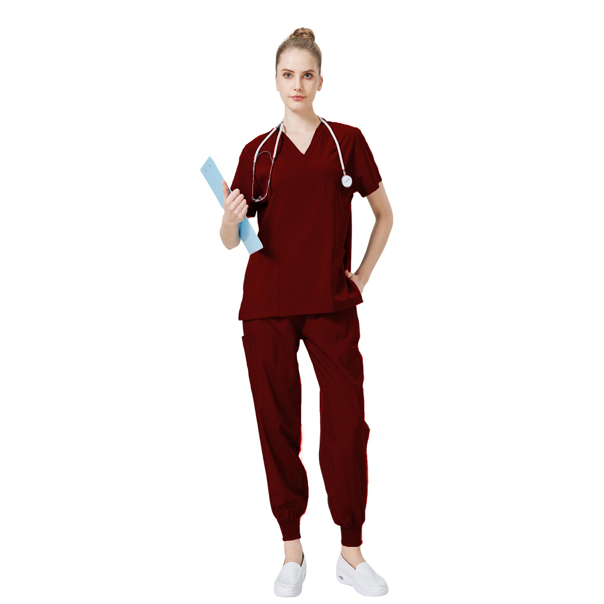 Conjunto Médico 2PCS Uniformes de Trabajo Médico Cuello en V Top de manga corta con 3 bolsillos Pantalones elásticos Secado rápido y absorbente del sudor DK05