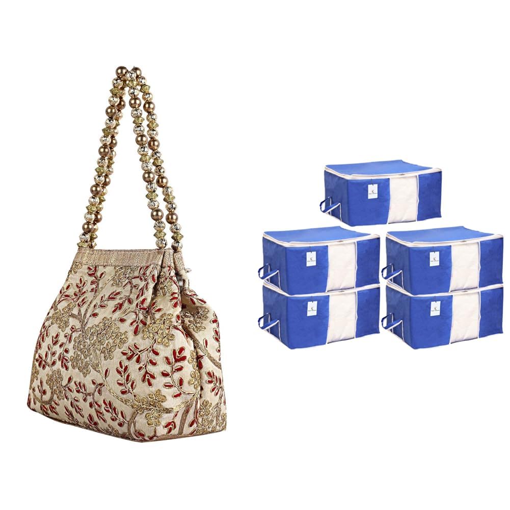 Polyester Embroidered Woman Pouch Potli Bag, Cream - CTKTC31395 + Underbed Storage Bag, Storage Organiser, Blanket Cover Set of 5 - Royal Blue, Extra Large Size-CTLTC15244-image-10