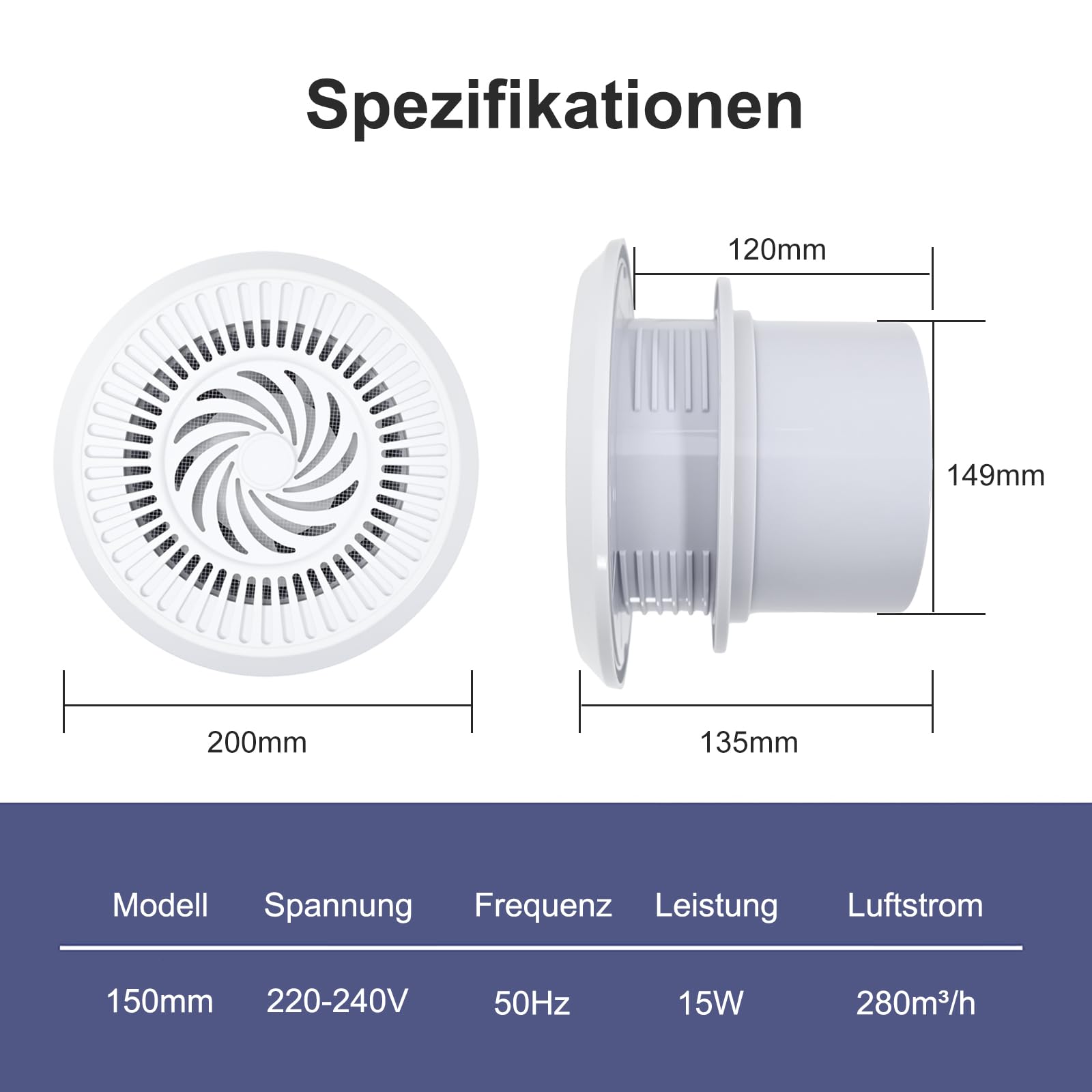 150mm Abluftventilator 280m³/h 15W Badlüfter, RC-Ventilator