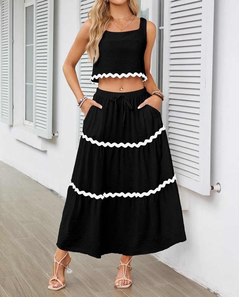 Summer Outfits for Women Skirt Sets 2 Piece Set Square Neck Beach Vacation Tank Tops High Waisted Flowy Long Skirt3