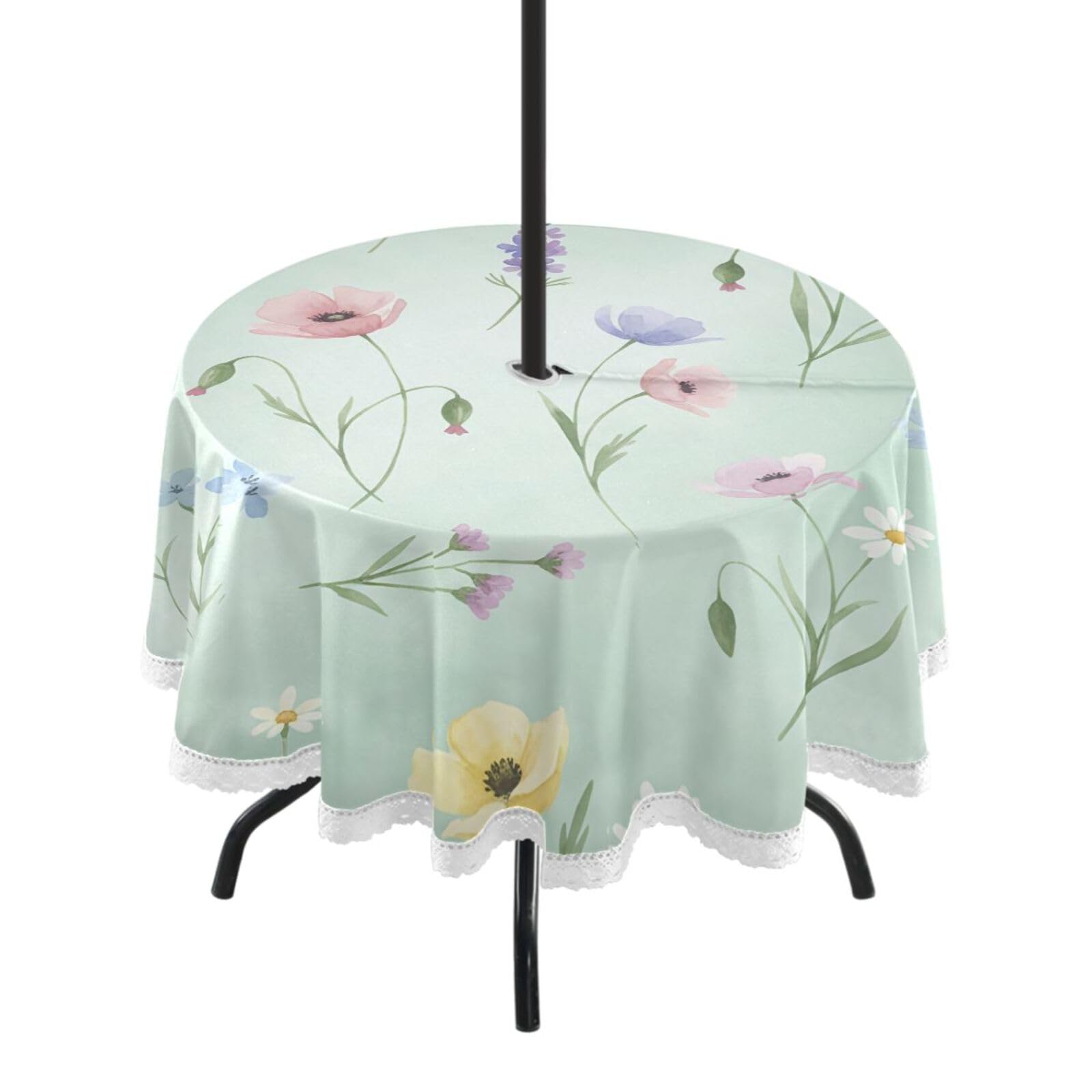 Ttgoth Wildflowers Outdoor Table Cloth 152 cm Water Stain & Resistan Tablecloth Wipeable Table Cover with Parasol Hole & Zipper for Garden Patio Party Picnic