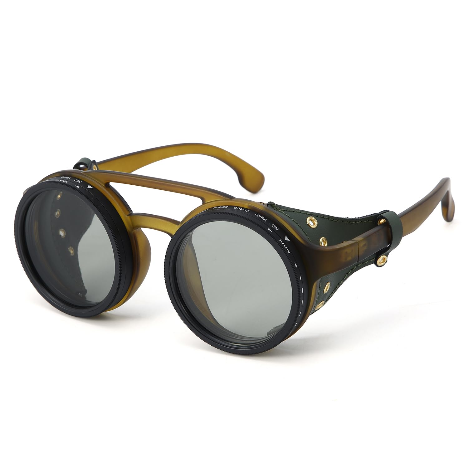 Minedmh Adjustable Tint Steampunk Sunglasses – ND Filter, UV400 Polarized – Retro Round Shades, Leather Side Shields