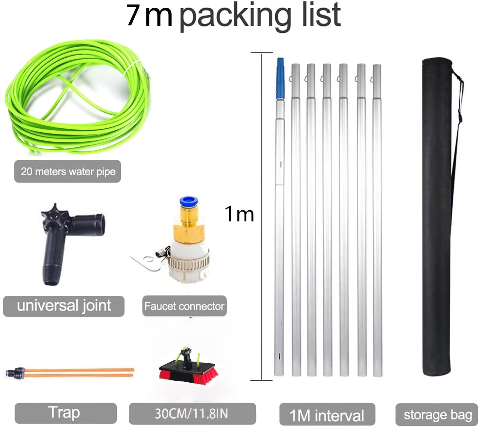 Barra telescópica de limpieza de ventanas de 7 m, limpiador de techo de panel solar, kit de cepillo extensible para invernaderos, alcance sin esfuerzo y brillo sin manchas