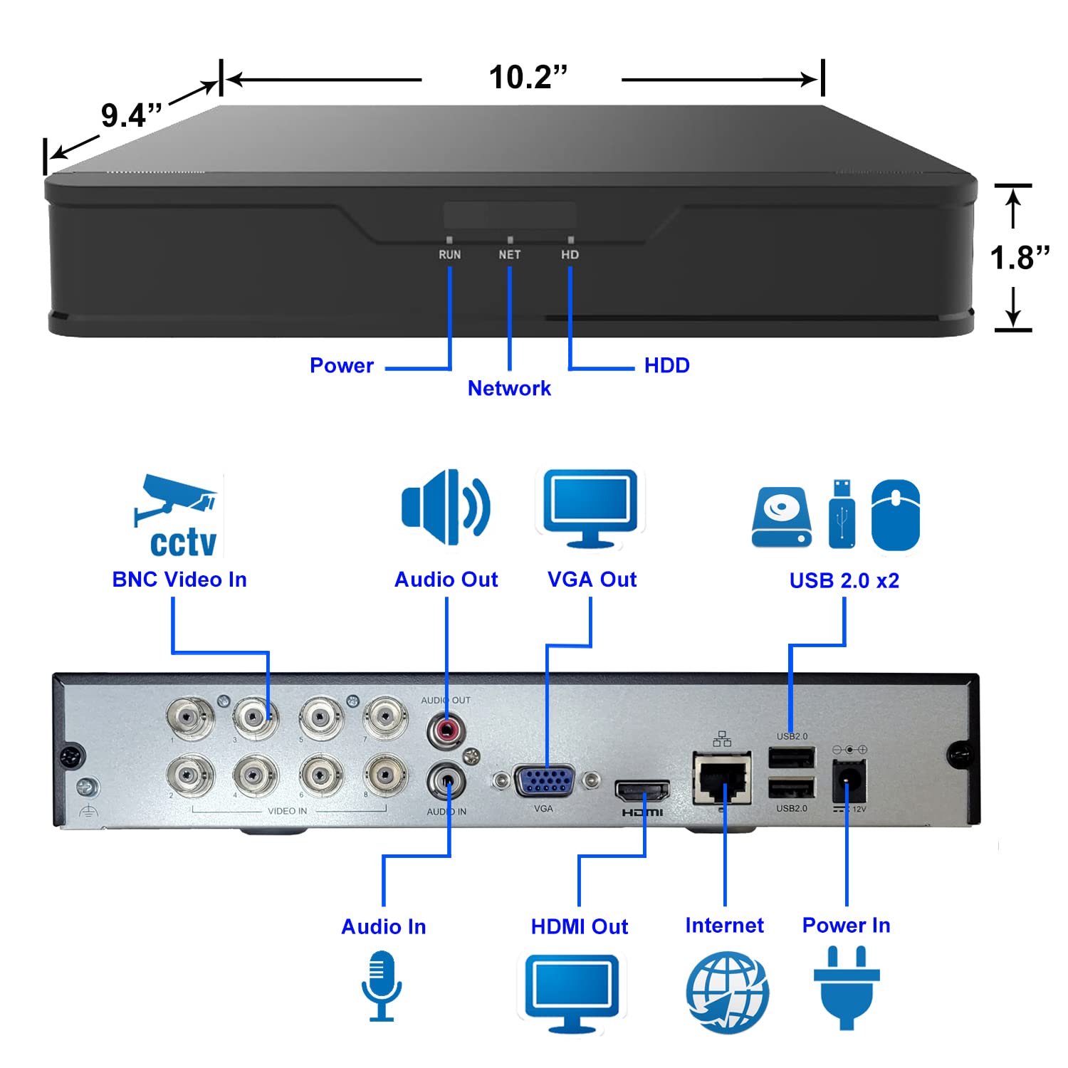 1stPV Enregistreur vidéo numérique 8 CH 5 en 1 HD-TVI AHD CVI standard analogique & IP Cam H264 Full HD 1080p DVR 1 To HDD HDMI/VGA/BNV Sortie vidéo applications pour téléphone portable Idéal pour la