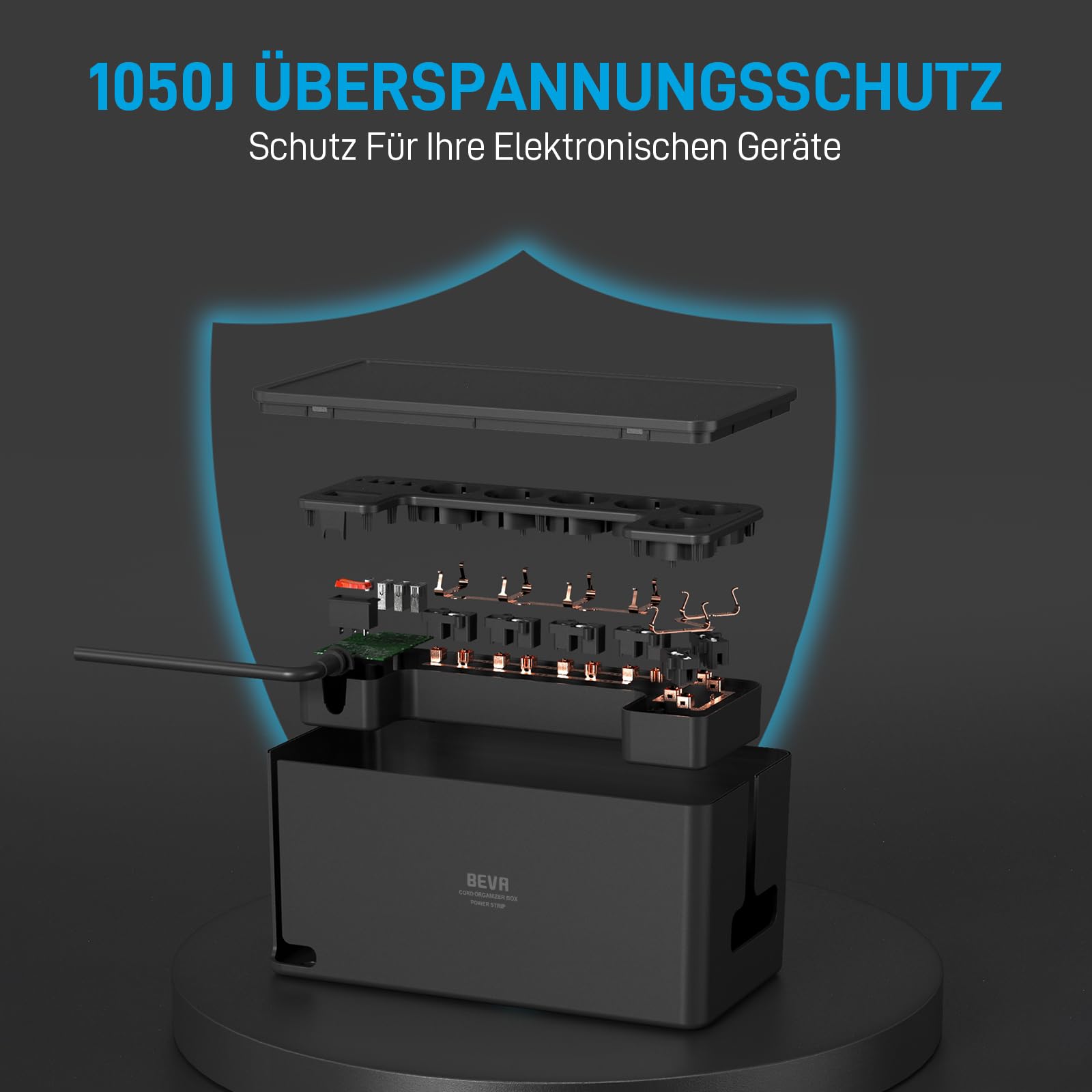 BEVA Kabelbox mit Steckdosenleiste 3680W/16A und 4M Kabel, Schwarz | 1050J Steckdosenleiste Überspannungsschutz , Mehrfachsteckdose mit 6 Steckdosen+ 3USB-A+1USB-C , Mehrfachstecker mit Schalter
