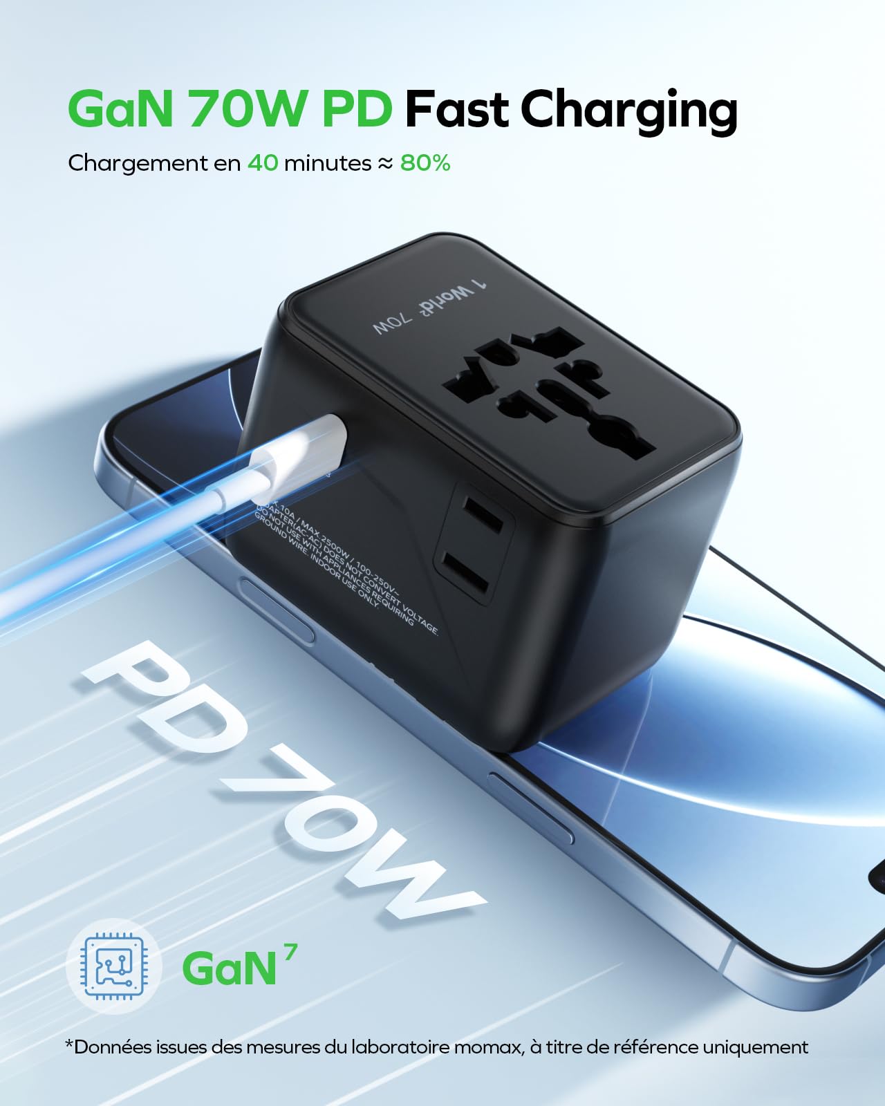 MOMAX Adaptateur Prise Universelle 70W, Adaptateur Voyage avec 2CA 3 USB C et 2 USB A, Adaptateur Universel de Voyage France vers Anglaise UK Irlande USA Canada Australie Chine Japon Thaïlande