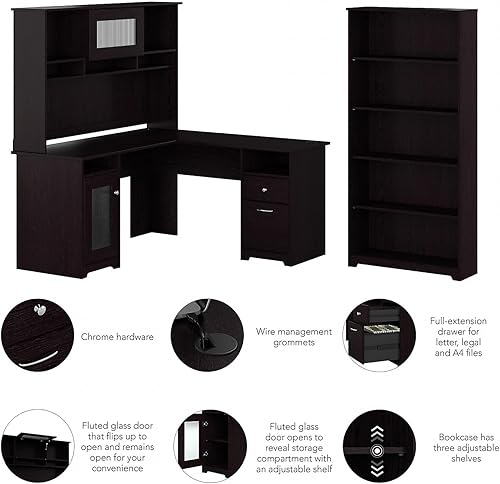 Miniatura 4 de Cabot - Escritorio en forma de L con gabinete y estantería de 5 estantes en roble espresso