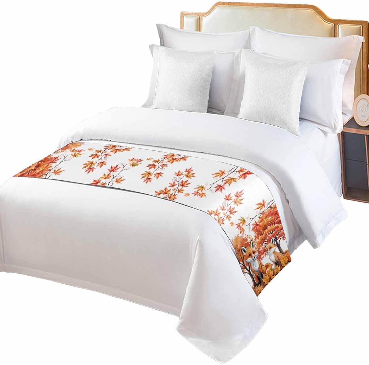 Orange Fox Bed Runner Scarf Cal King Size, Thanksgiving Maple Leaves Autumn Trees Luxury Bed Throw Runners & Scarves for Twin Full Queen King Foot of Bed, Bedroom Hotel Decoration, 102"x20"