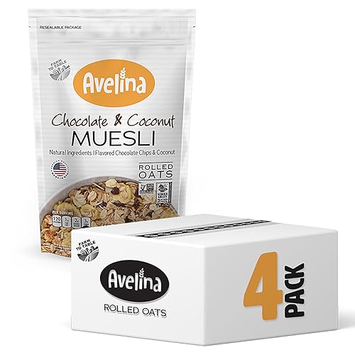 Avelina Natural Flavors Muesli - Cereal saludable a base de avena sin gluten, 12.7 onzas (chocolate y coco, paquete de 4)