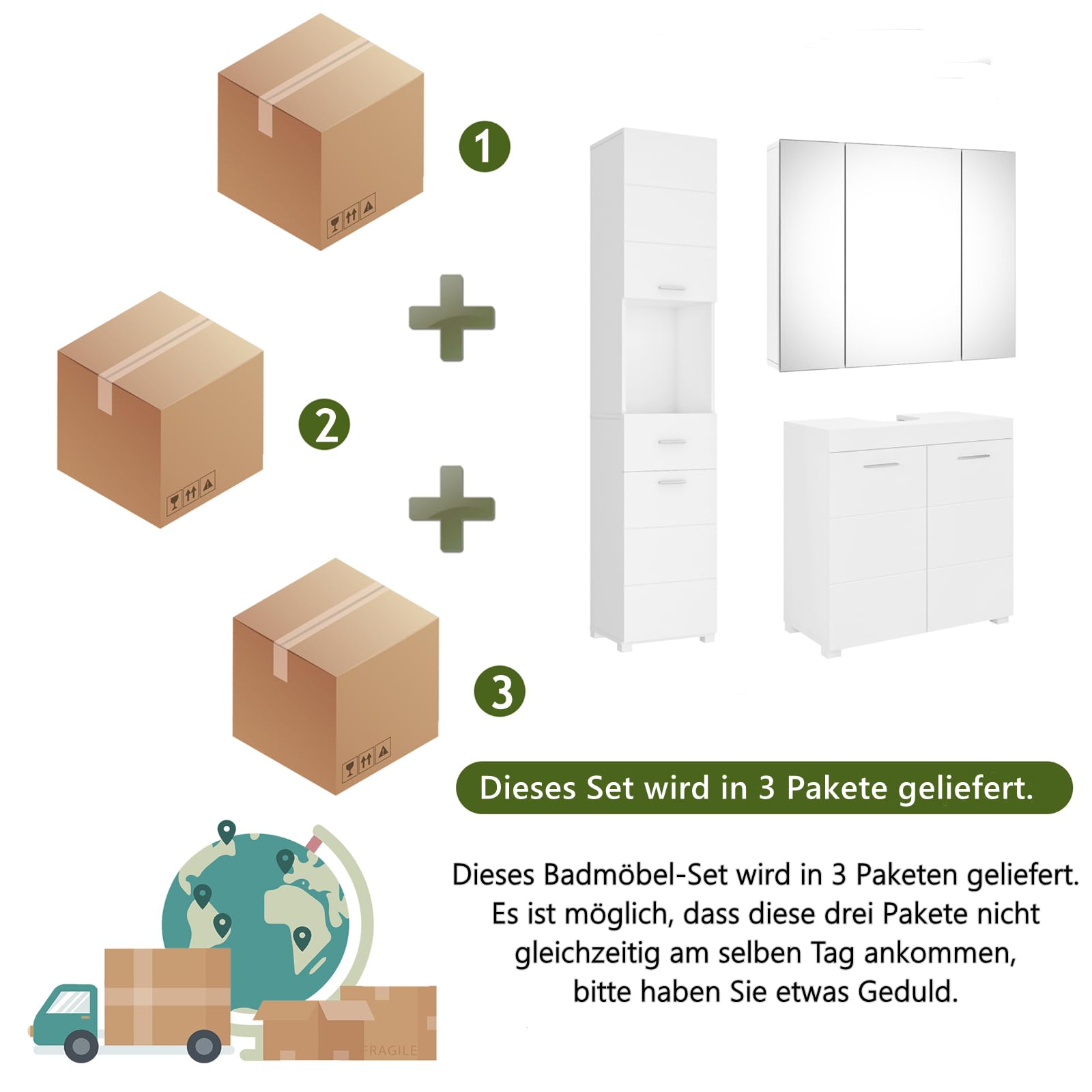 FOREHILL Badmöbel Set weiß, 3 Teile, mit Waschbeckenunterschrank, Hochschrank, Spiegelschrank