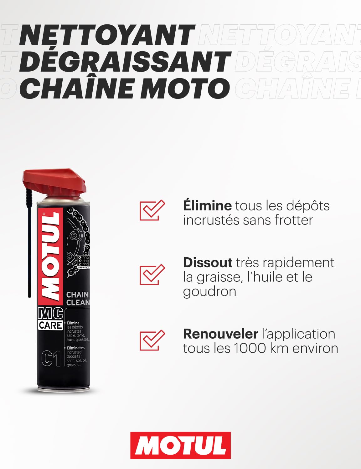 Motul - Kit d'entretien Chaîne Moto Routière de Compétition - Nettoyant MC Care Chain Clean C1 400ml + Lubrifiant MC Care Chain Lube Factory Line C4 400ml + Brosse Non Abrasive