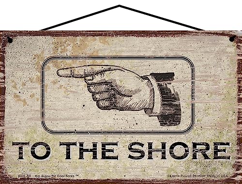 Cartello in stile vintage con una mano che punta a sinistra in direzione della riva – decorazione tropicale per la casa vacanza in spiaggia con freccia direzionale, decorazione decorativa per casa