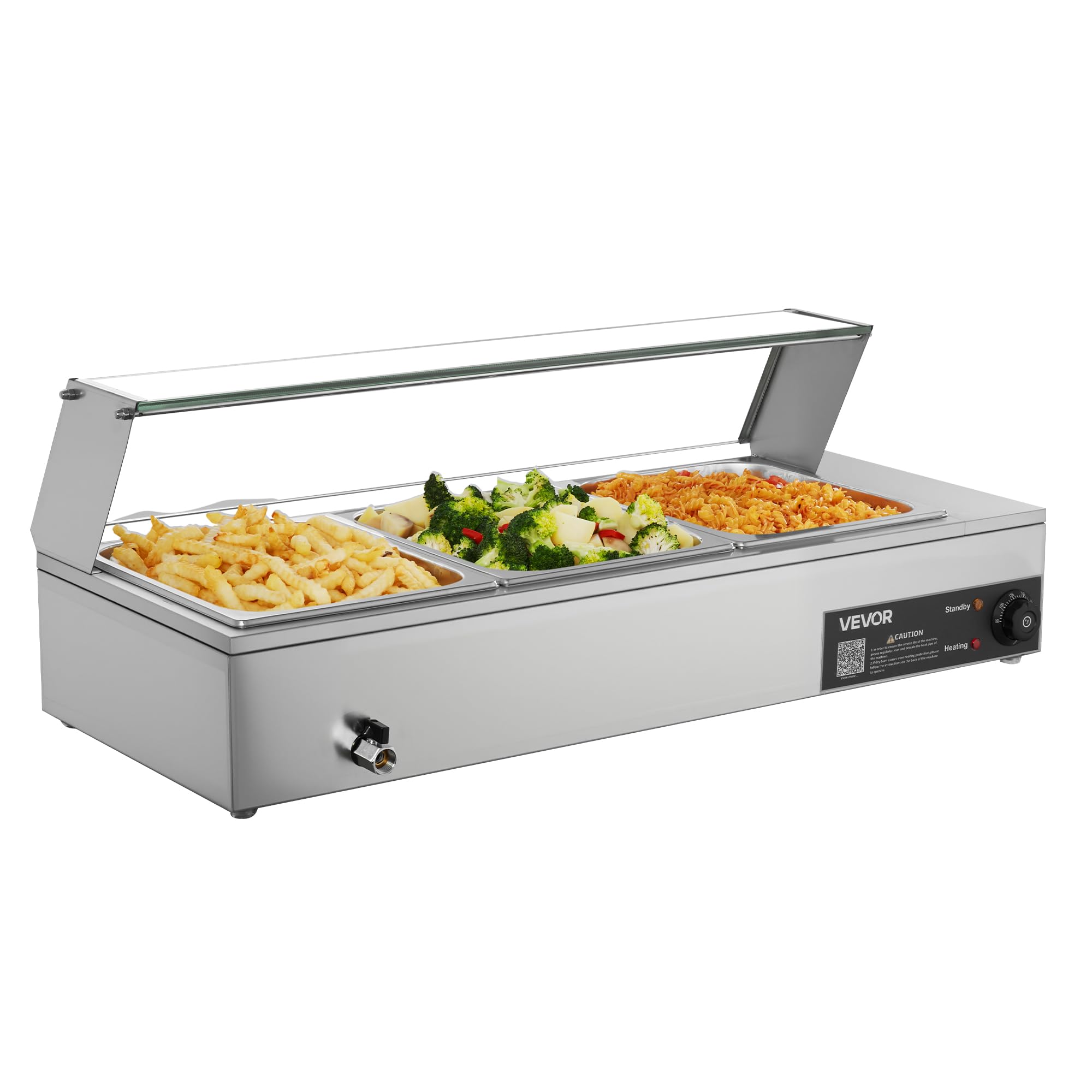 VEVOR Scaldavivande Commerciale con Coperchio in Vetro e 3 Contenitori Scaldavivande da 1500 W in Acciaio Inossidabile, Contenitori per Buffet, per Alimenti a Bagnomaria per Ristoranti, Feste