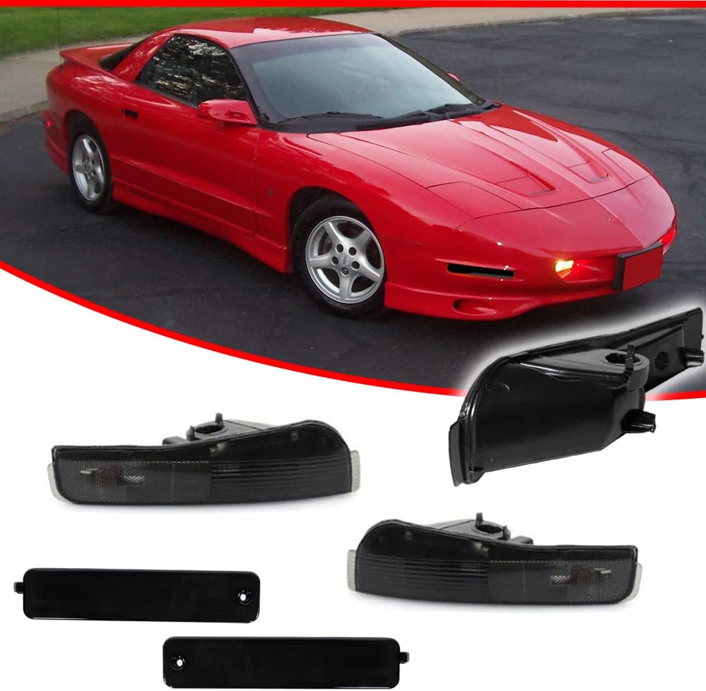 Smoked Lens Front Bumper Corner Side Marker Parking Lights + Fender Side marker Lamp Housing Assembly Kit Compatible with 1993-1997 Pontiac Firebird Trans Am