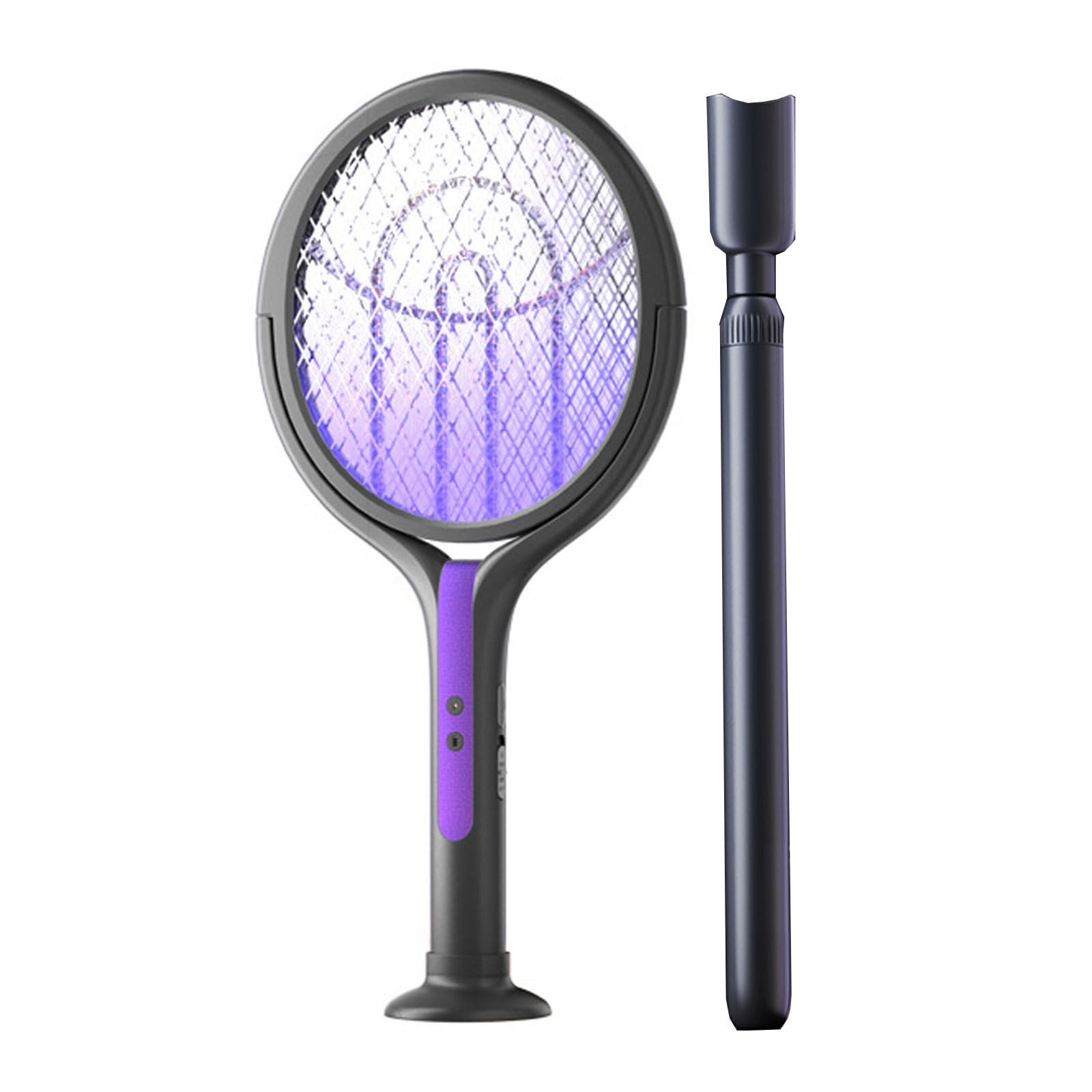 Racchetta antizanzare elettrica, Uccidi zanzare ricaricabile 2-in-1 con manico estensibile 106cm, Zappatore rotante 180°, design aderente alle pareti, alimentato USB(Purple With extended rod)