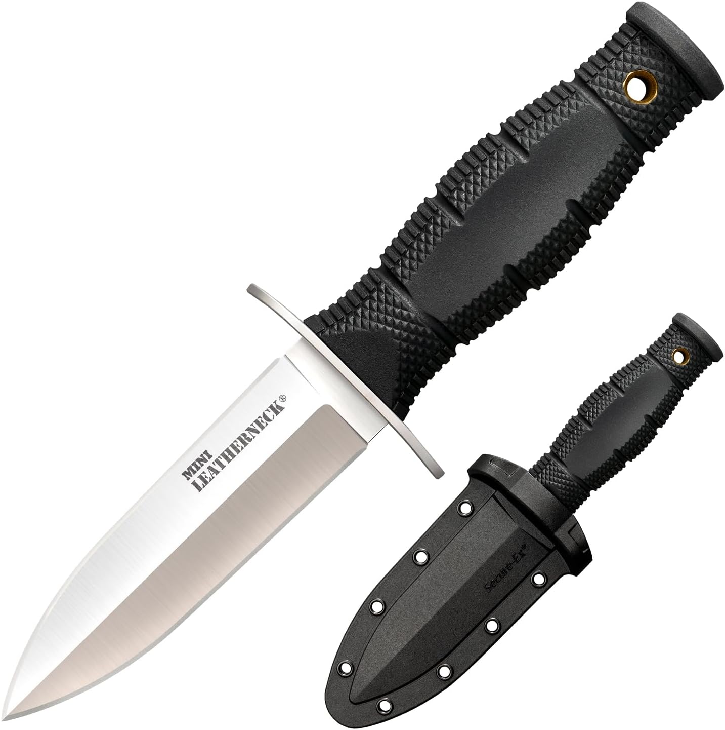 Cold Steel Mini Leatherneck Double Edge Spear Point Compact Lightweight 3.5" 8CR13MOV Steel Fixed Blade Outdoor Hunting Utility Knife, 3.25" Textured Ergonomic Kray-Ex Handle, Secure-Ex Sheath