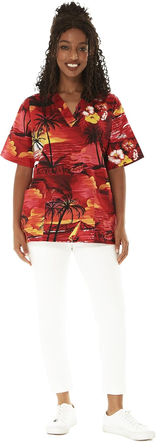 Hawaiian Print Cotton 2 Pockets Scrub Top in Dolphin Sunset Blue