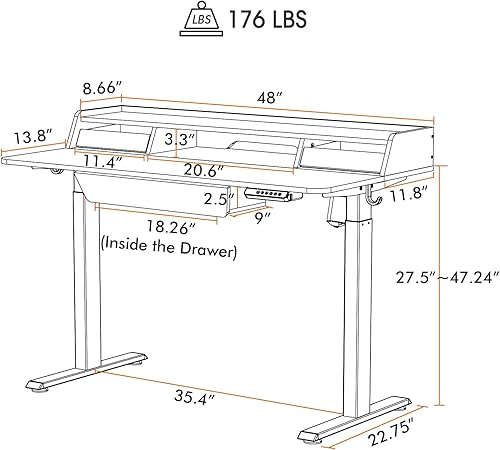 Miniatura 3 de FEZIBO Escritorio eléctrico de pie, mesa ajustable de altura de 48 x 24 pulgadas, muebles ergonómicos de oficina en casa con 3 cajones, marco