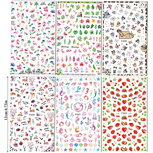 Nail Art Stickers 6 Sheets 3D Self-Adhesive Nail Decals Nail Art Supplies Flamingo Flower Leaf Animal Seashell Fruit Nail Design Summer Decals For Women Diy Manicure Tips Nail Decorations #TOP6