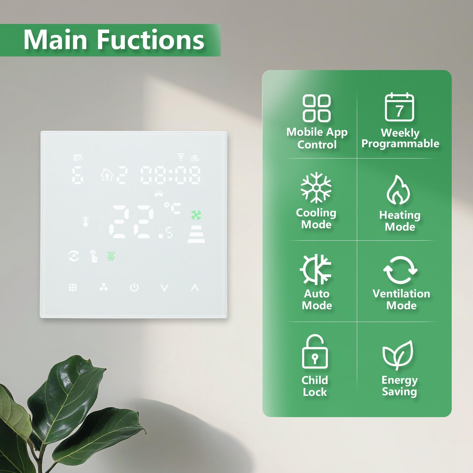 Wengart Termostato de Bobina de Ventilador WiFi WG607AC, CA 230 V máx. 3 A, 2,4 GHz, Wi-Fi, aplicación Tuya, Cuatro Tubos para Aire Acondicionado, Compatible con Alexa Echo/Google Home, Color Blanco
