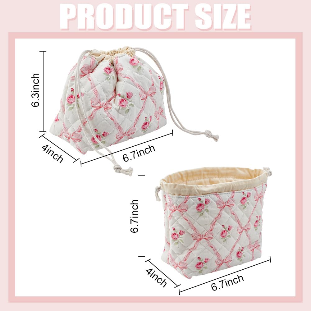 PLIGREAT Small Drawstring Makeup Bag Cotton Quilted Cosmetic Bag with Canvas Lining Pink Bow Style Portable Make Up Organizer for Traveling Toiletry Cute Women Gift - Image 2