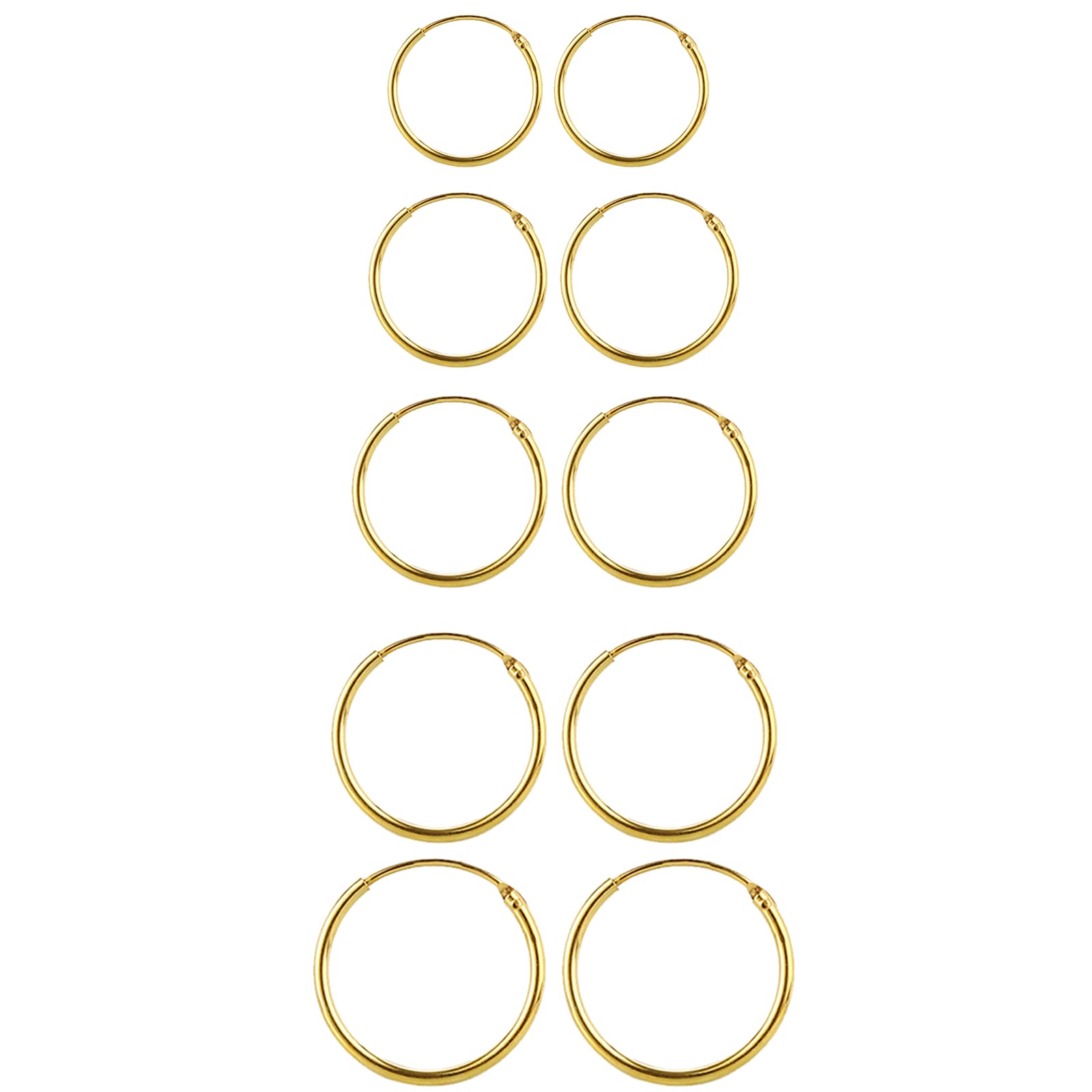 ElicolaSet of 5 Pairs of Hoops Earrings in 925 Sterling for Women Men Small Round Mini Sleeper Cartilage Earrings Hypoallergenic 8/10/12/14/16mm, Gold, Sterling Silver
