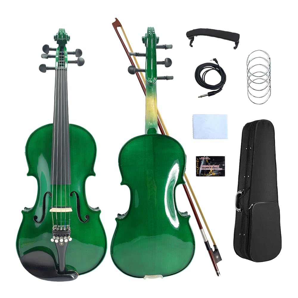 Electric Violin 4/4 full size 5 string Acoustic Violin with Ebony Fittings, Case and Bow, Maple Spruce Beginner Kit for Adults(Green)
