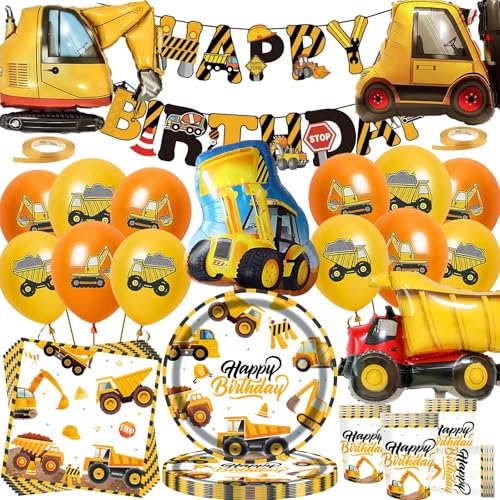 Conjunto de decoração de aniversário para escavadora, louça de festa, conjunto de acessórios para festas, pratos de papel para escavadora, copos, guardanapos, banners, veículos de construção