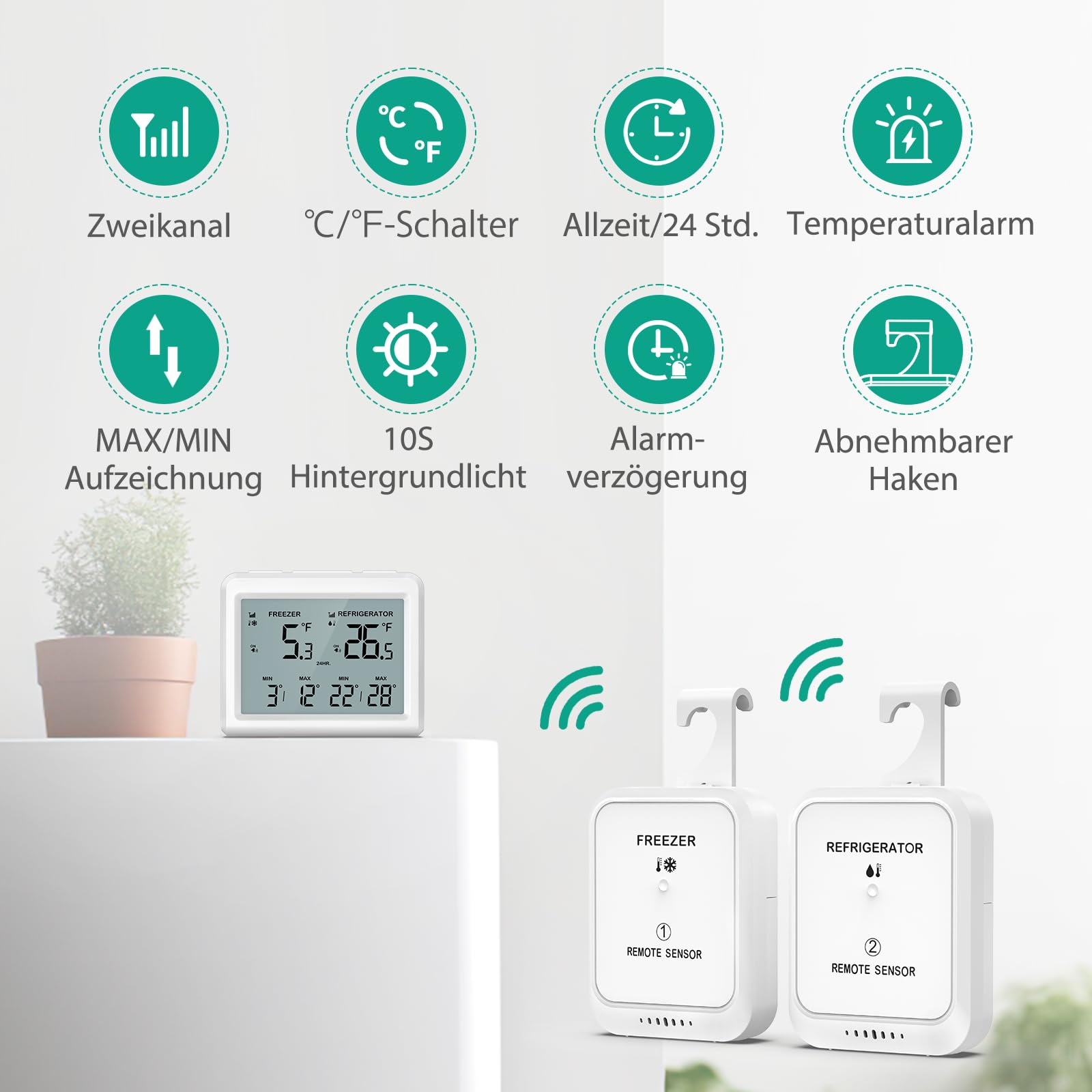 ORIA Digitales Kühlschrankthermometer, Gefrierschrank Refrigerator Thermometer mit 2 kabellosen Sensoren, 3,7" Bildschirm, 2 Alarmmodi (Symbol/Klang), ℃/℉, Min/Max-Wert, für Zuhause, Restaurants