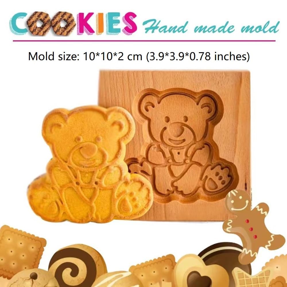 Wooden Cookie Mold Teddy Bear Wooden Baking Mold Cake Fondant Press Stamp Embosser Cutter Cake Decor Christmas Carved Mooncake Mold Kitchen gadgets (Teddy bear)