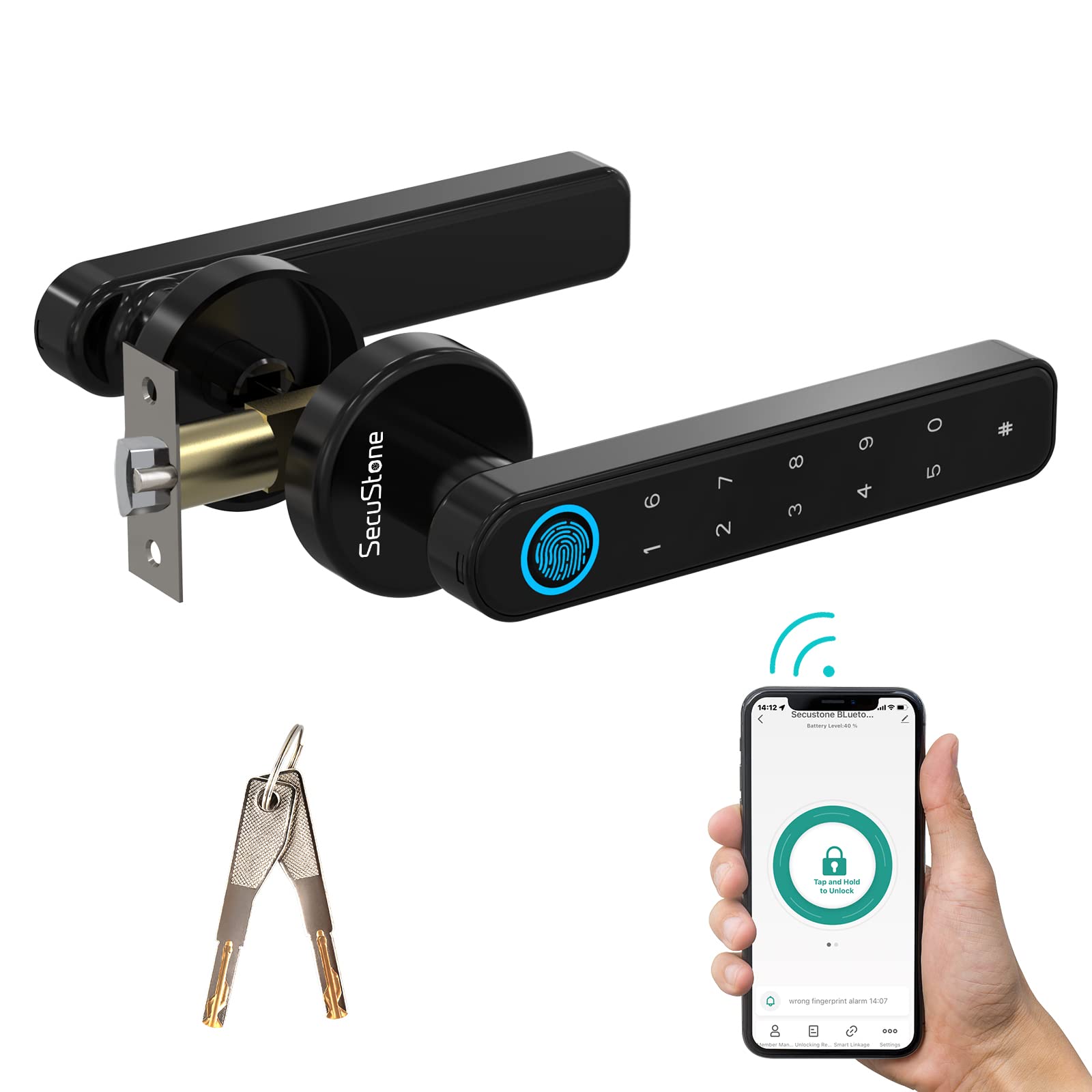 [Newest Upgrade]Secustone Fingerprint Door Lock, Keyless Entry Door Lock, Smart Door Lock with Passcode, Smart APP, Fingerprint, and Keys, Door Lock Fingerprint for Bedroom, Apartment, Office, Black