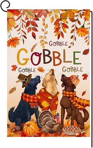 BLKWHT Bandera de jardín de Acción de Gracias de otoño de 12 x 18 pulgadas, vertical, de doble cara, perro, pavo, calabaza, hojas de otoño,