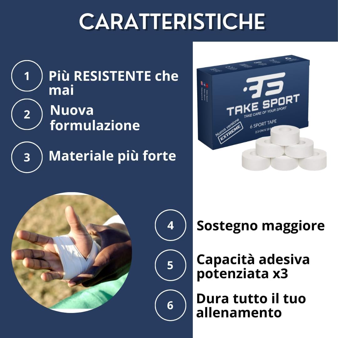 TAKESPORT, NUOVA FORMULA EXTREME! Tape sportivo, Nastro fasciature, Nastro Sportivo, Sport Tape, Tape dita crossfit, Nastro bendaggi sportivi, nastro caviglie, Nastro per fasciature 6 pz 5cmx10m
