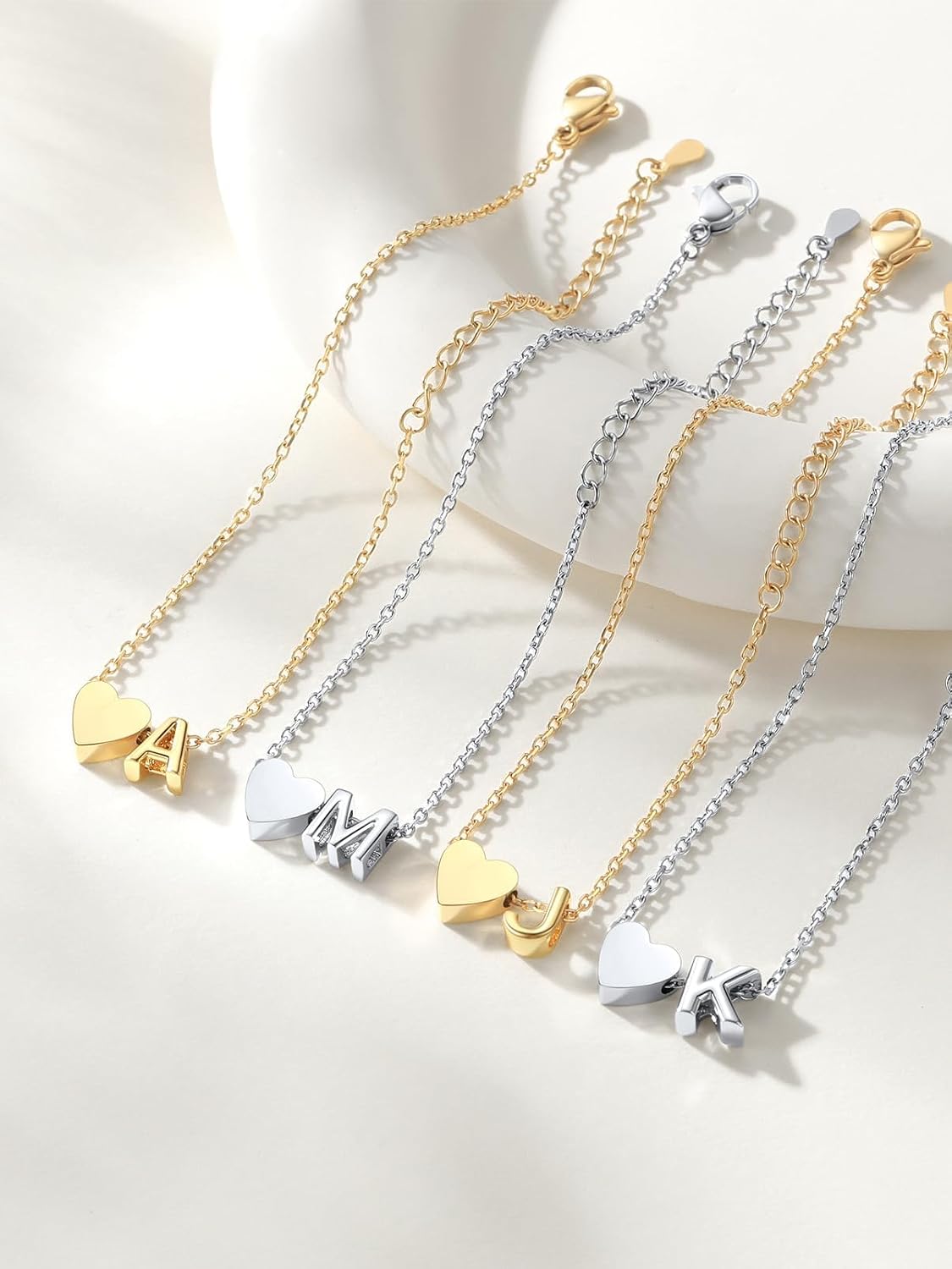 Silvora Initial Bracelet A-Z Dainty Heart Bracelets for Women Personalized Bracelets for Women Charm Bracelet with Initials, Adjustable 6.3"+2" Extender Chain