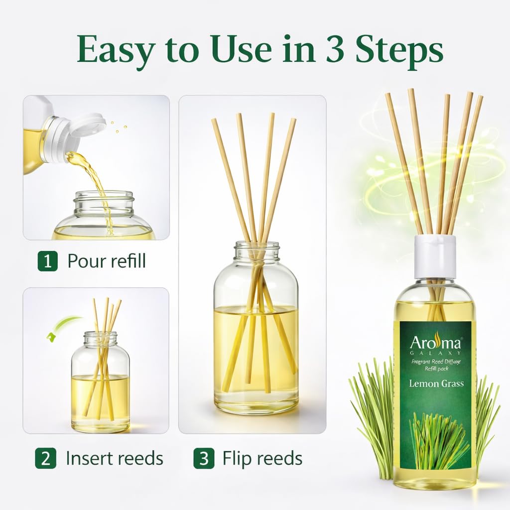 Aroma Galaxy Lamon Grass Reed Diffuser Refill Oil 200ml Premium Long Lasting Fragrance Oil for Home, Office, Spa & Aroma Diffusers (Free 6 Reed Sticks) 1