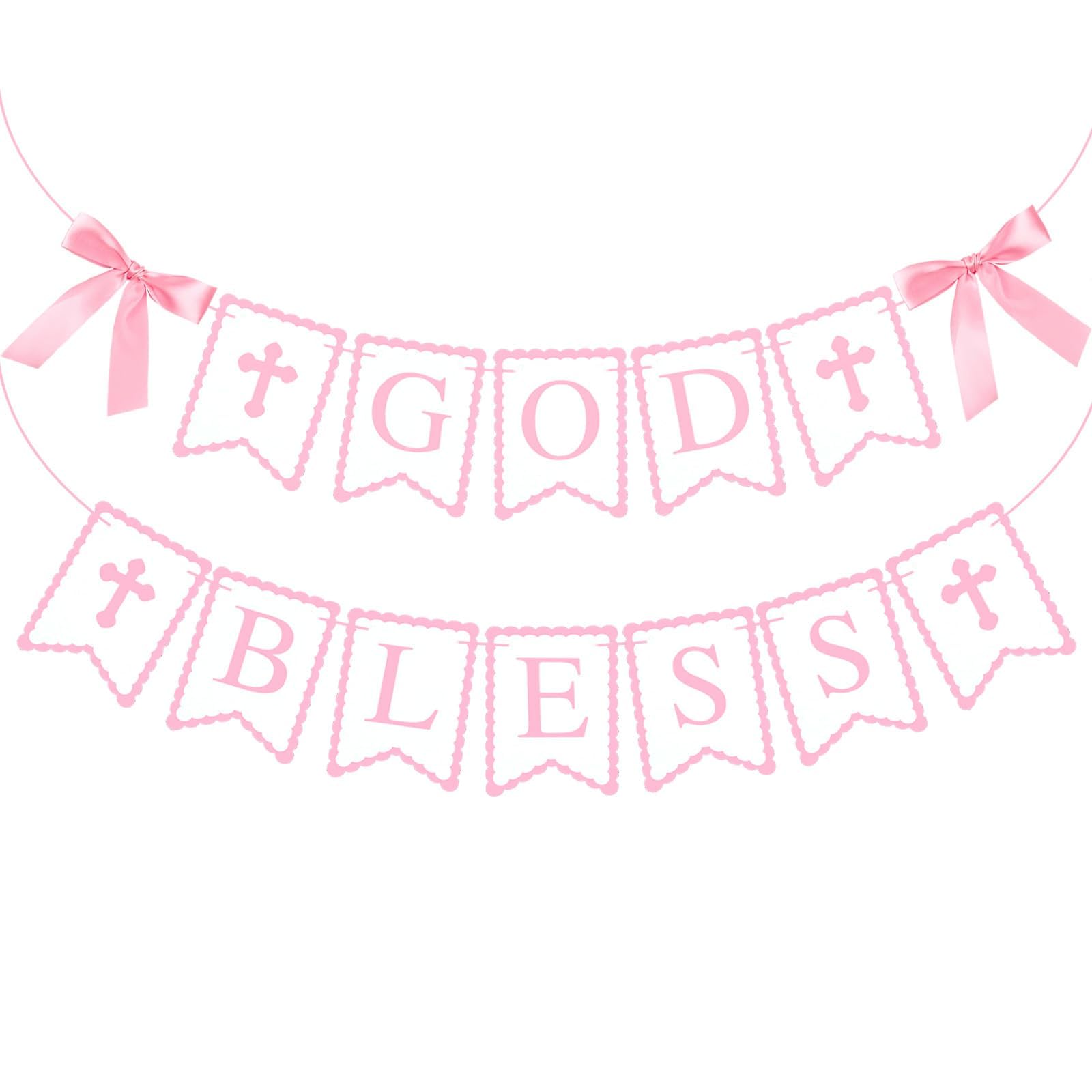 BLMHTWO Pre-Strung God Bless Banner, Pink Double-Sided First Communion Confirmation Christening Baptism Party Decorations Banner with Bow and Cross for Girls, Baby Shower, Birthday, Wedding