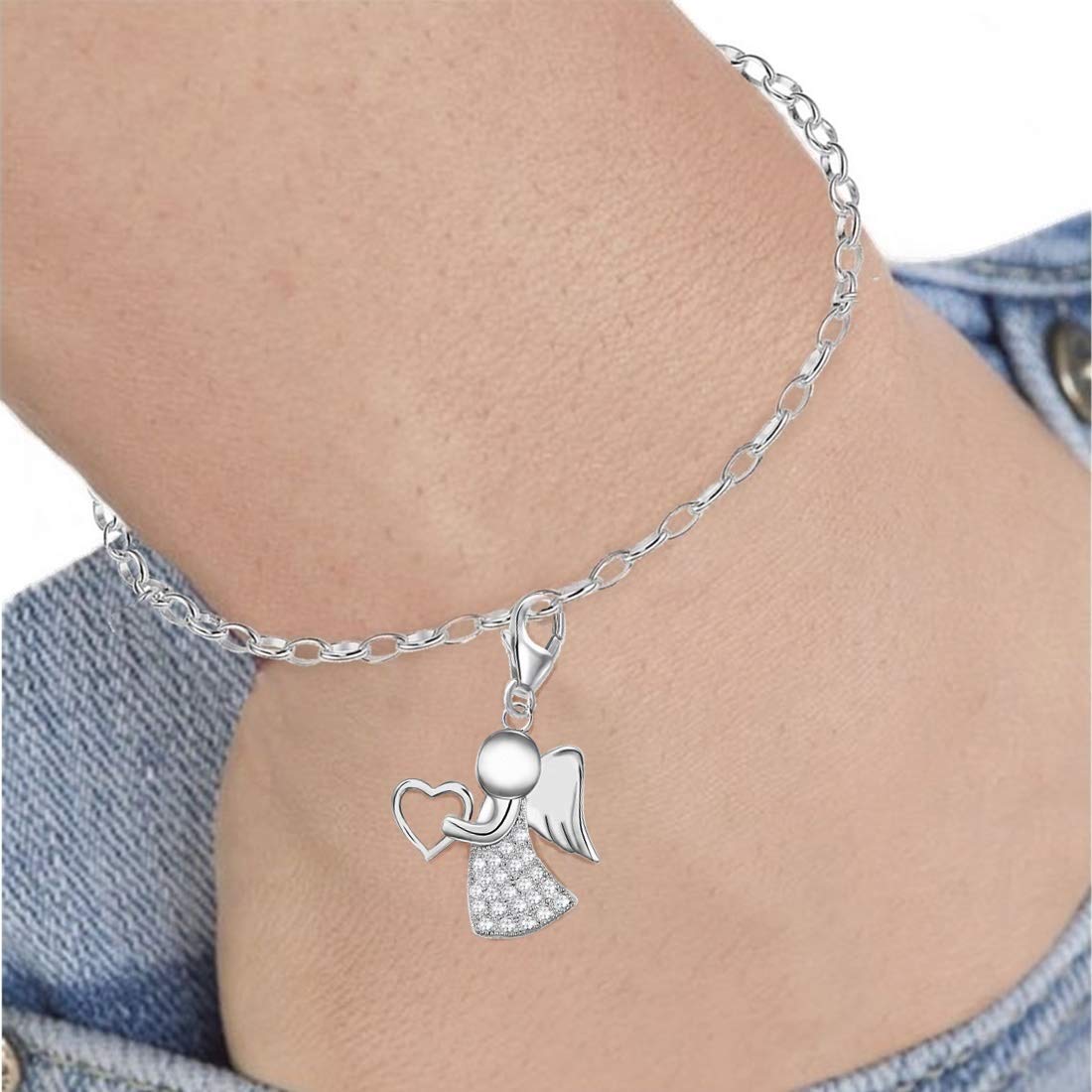 Goldene Hufeisen Schutzengel Herz Karabiner Charm Anhänger für Bettelarmband oder Charmkette Charmträger Silber 925 mit Zirkonia