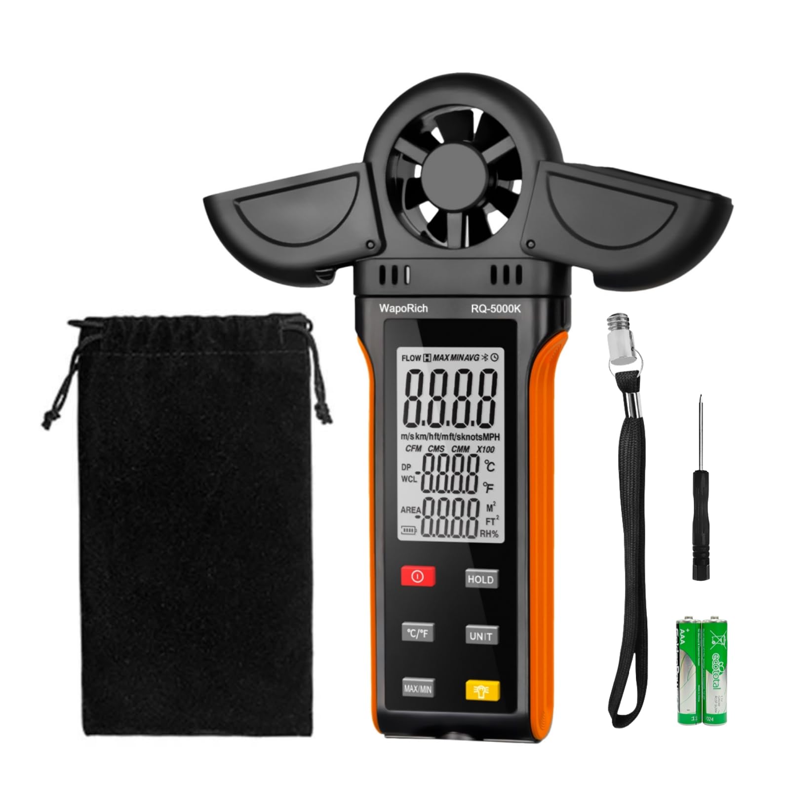Anémomètre numérique WapoRich - Mesure de l'humidité / de la température / de la vitesse du vent avec MAX/MIN/AVG - Pour HVAC, voile, surf, drone - RQ-5000 K