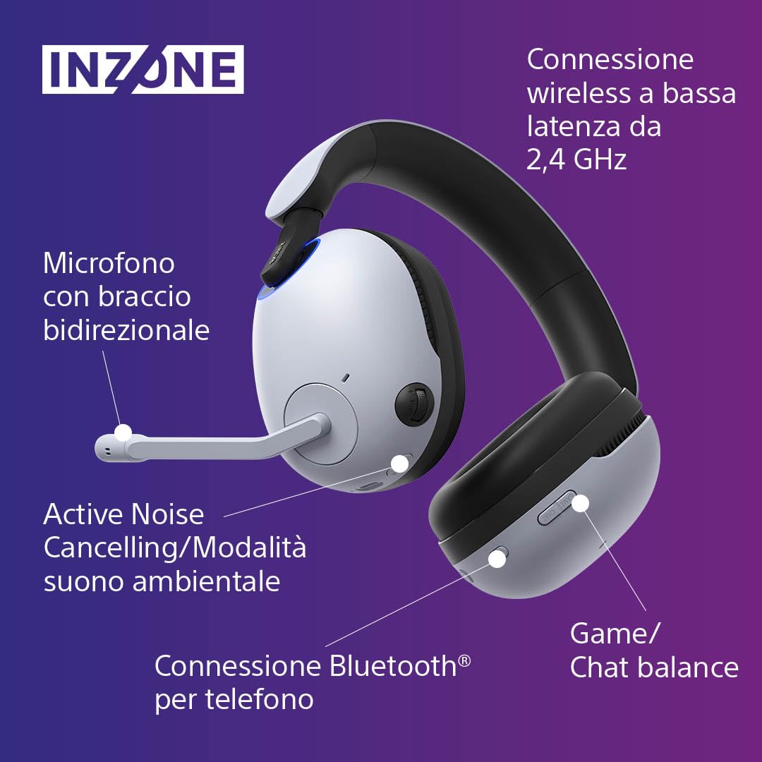Sony INZONE H9 | Cuffie Gaming Wireless con Noise Cancelling, 360 Spatial Sound per Gaming, con Mic, Batteria fino a 40h, PC/PS5 PlayStation - Bianco Nero