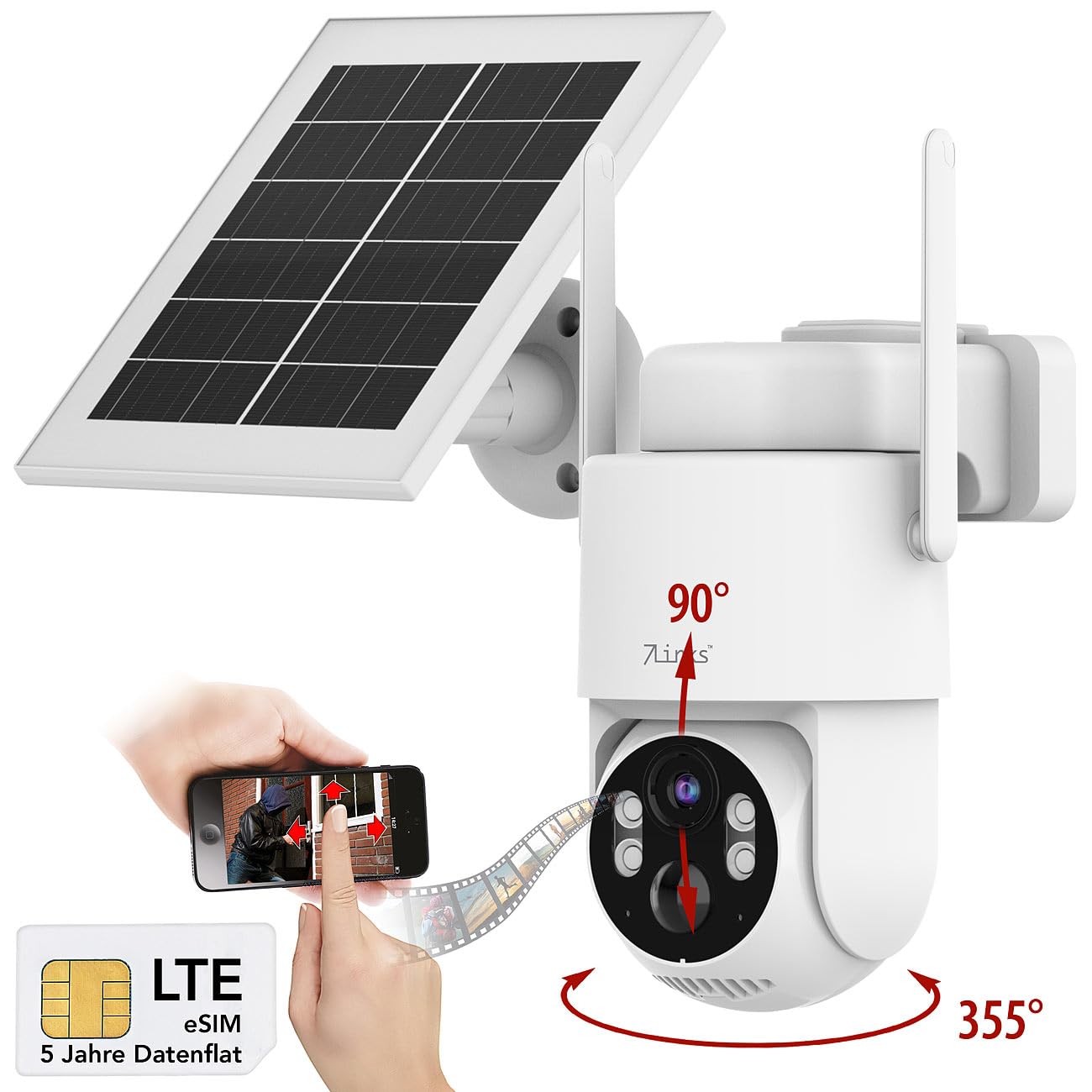 7links Überwachungskamera: 4G/LTE-Akku-Außenkamera mit eSIM & 5 Jahren Datenflat, 2K, Solarpanel (Überwachungskamera SIM, LTE Kamera eSIM, Flat)