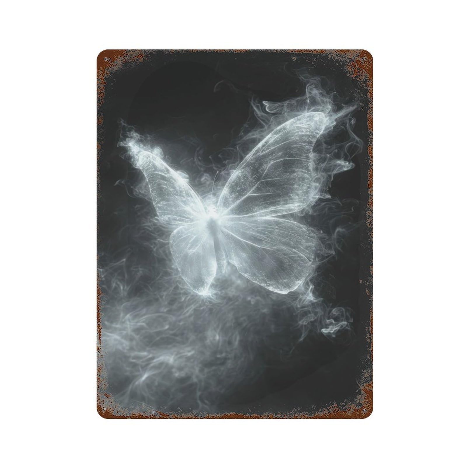 White Ghost Butterfly Rust Effect Tin Sign 15.7"x11.8", Novelty Wall Decor for Garage, Pub Or Kitchen