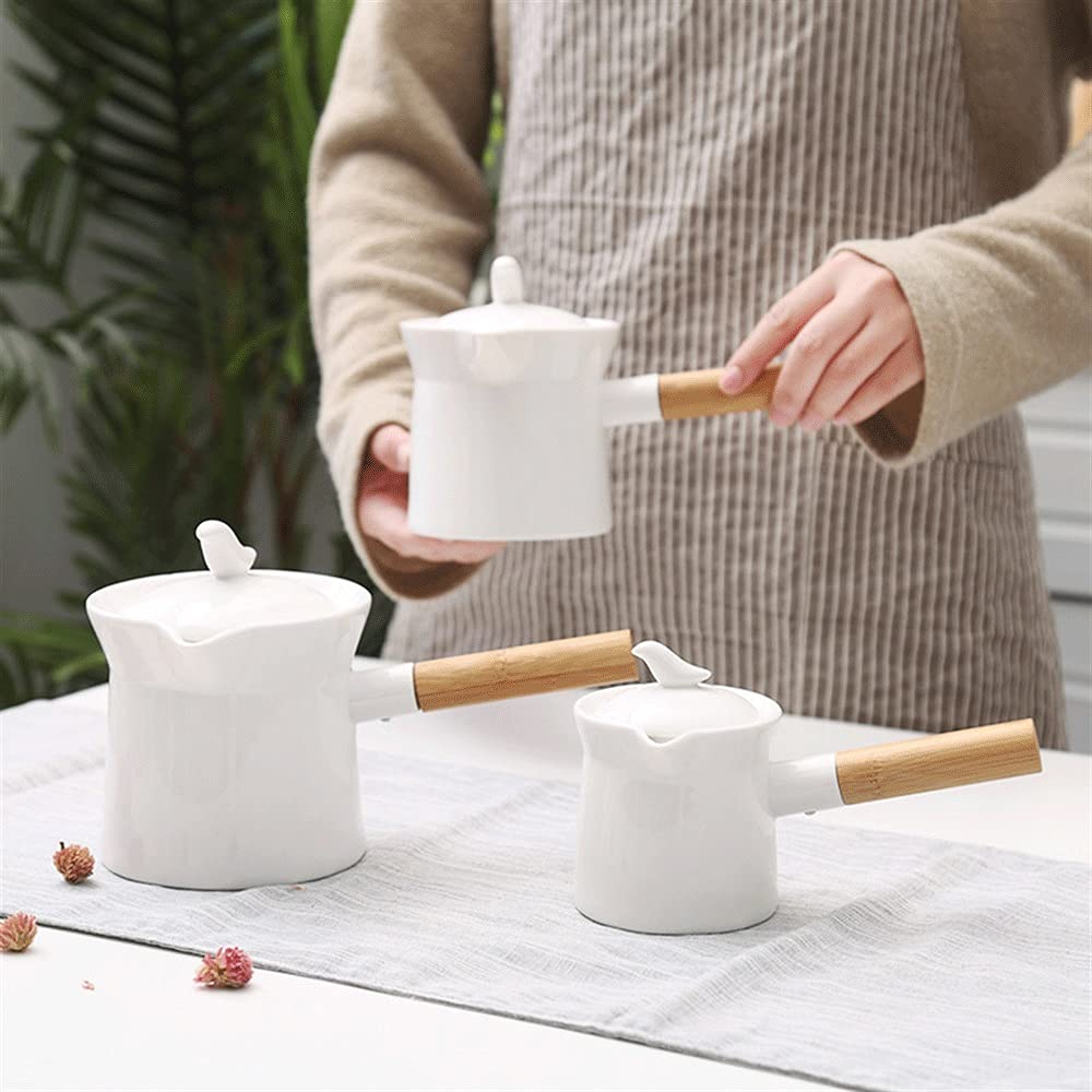 Czajniczek z zaparzaczem Czajniczek do herbaty i kawy Białe porcelanowe czajniki z drewnianym uchwytem Dzbanek na mleko z pokrywką, biały ceramiczny dzbanek do herbaty.