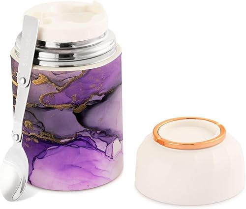 Miniatura 1 de Tarro de comida de mármol dorado morado con cuchara de acero inoxidable aislado al vacío, termo de 17 onzas para adultos