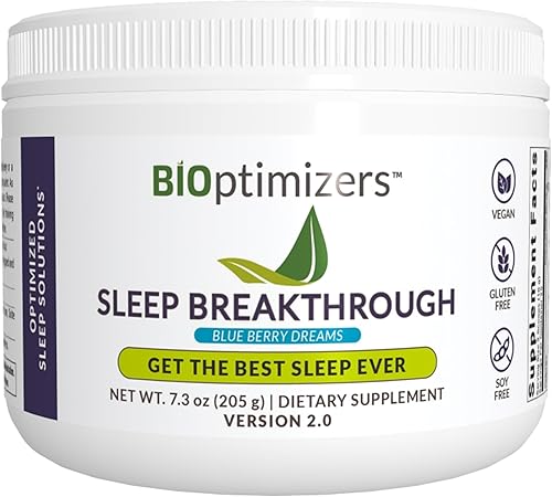 BiOptimizers Sleep Breakthrough 2.0 - Suplemento de apoyo natural Ayuda calmante para adultos No forma hábito 7.14 oz en polvo Blue Berry Dreams