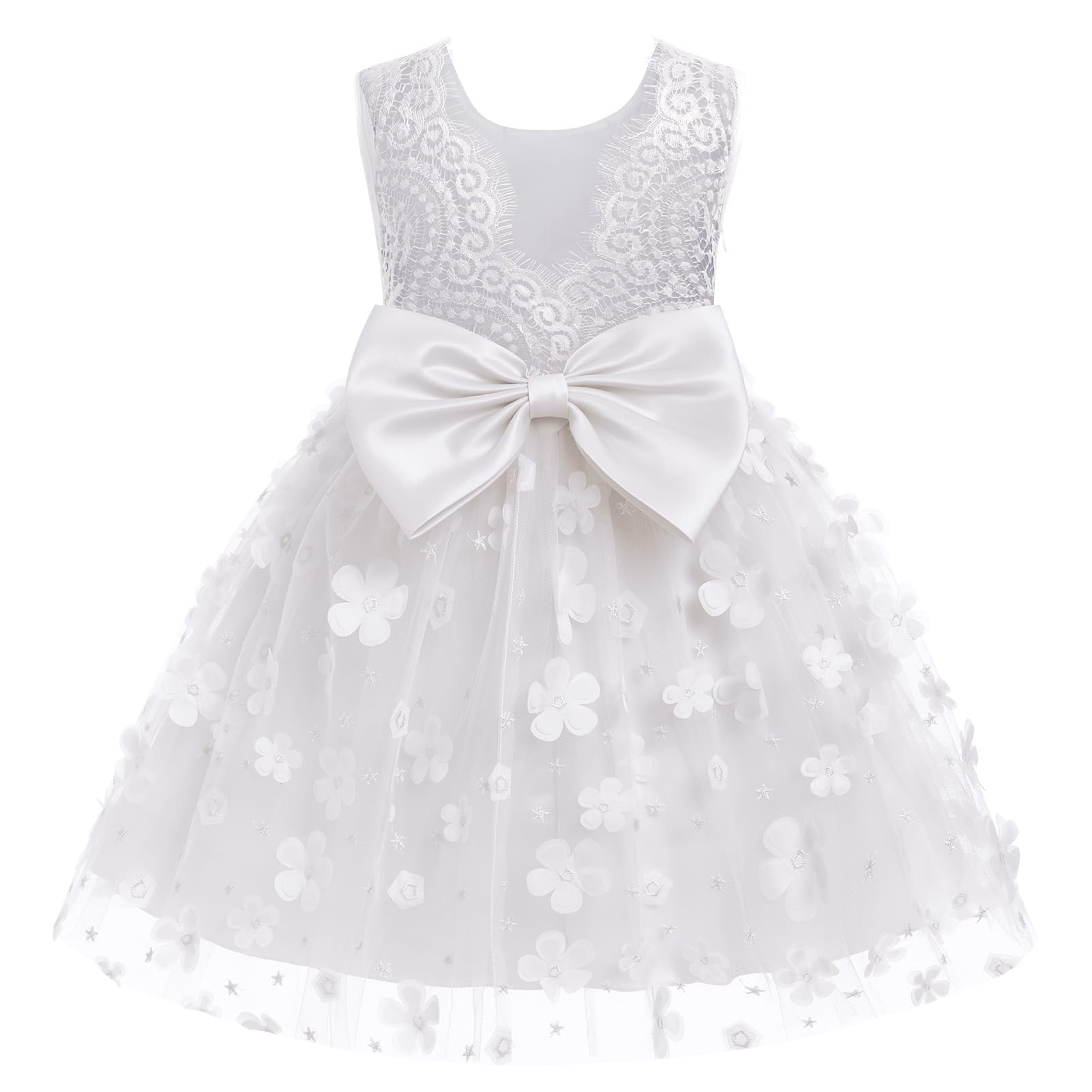 IDOPIP Kleinkind Mädchen V-rückenfrei Blumenspitze ärmellos 3D-Blumen-Tutu-Kleid Geburtstag Party Hochzeit Blumenmädchenkleid 2-7T