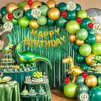 YinQin 143 PCS Dinosaur Happy Birthday Party Balloon Set with Filling Pump Green Foil Fringe Curtain Confetti Balloons Jungle Dino Themed Happy Birthday Party Supplies Decorations for Kids Children