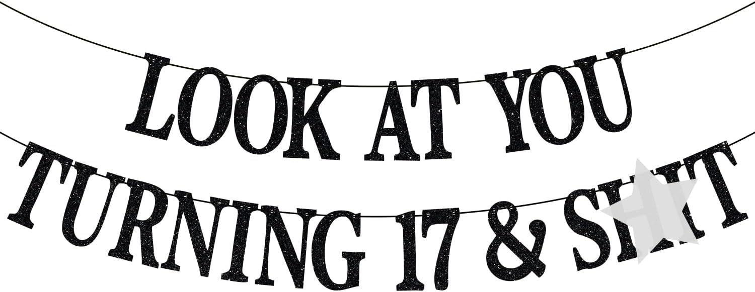Happy 17th Birthday Banner, Cheers to 17 Years, Young Sweet and Only 17, Teen Boys Girls Funny 17th Birthday Party Decorations Backdrop Gifts, Black Glitter