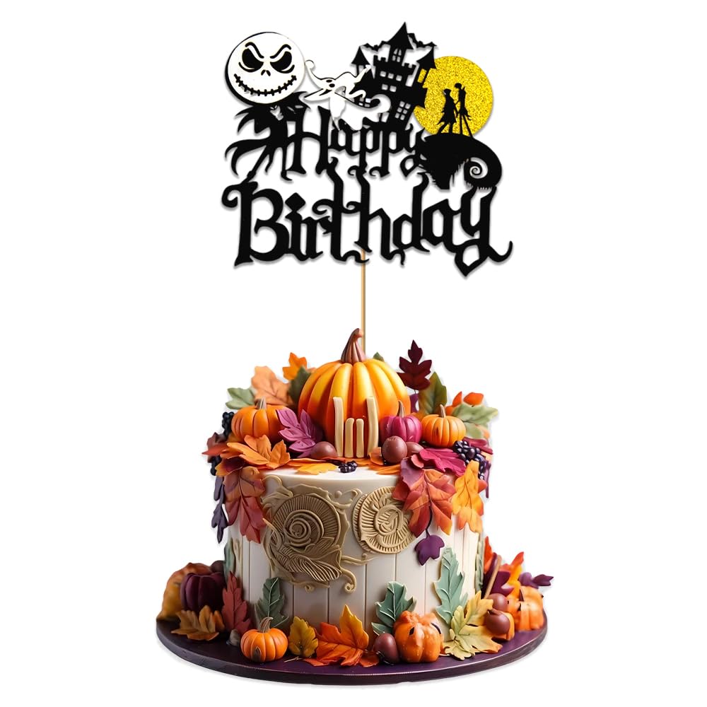 1 PCS Halloween Happy Birthday Cake Topper Glitter Black Yellow Castle Ghost Glitter Cake Pick for Halloween Party Nightmare Before Christmas Theme Baby Shower Birthday Party Cake Decorations Supplies