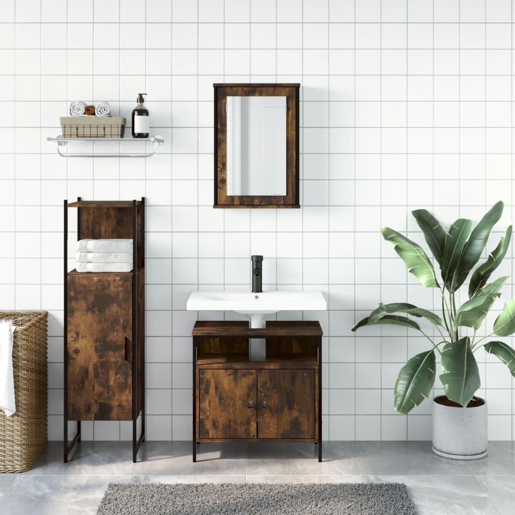 Set di 3 mobili da bagno con armadietto a specchio, effetto rovere