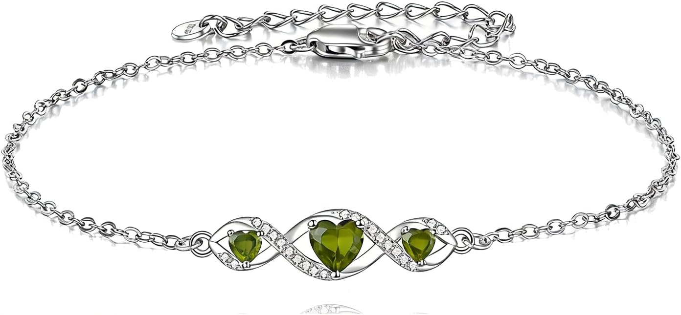 Infinity 3-Birthstones Link Bracelet 925 Sterling Silver Love Forever Gemstone Bracelet with 6.5+2 Inch Chain Birthday Jewelry Gifts for Her